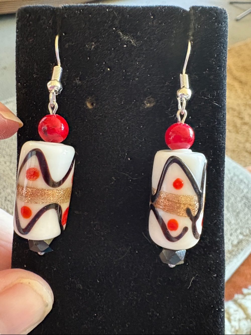 Hand Crafted Red, White and Gold Glass Bead Drop Earrings